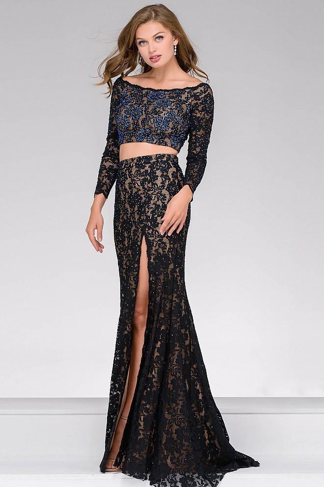 Lace Fitted Two-Piece Long Sleeve Prom Dress 48989