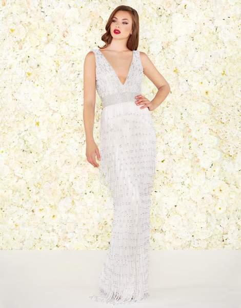 Mac Duggal Black White Red - 4904R Embellished V-neck Fitted Dress In White