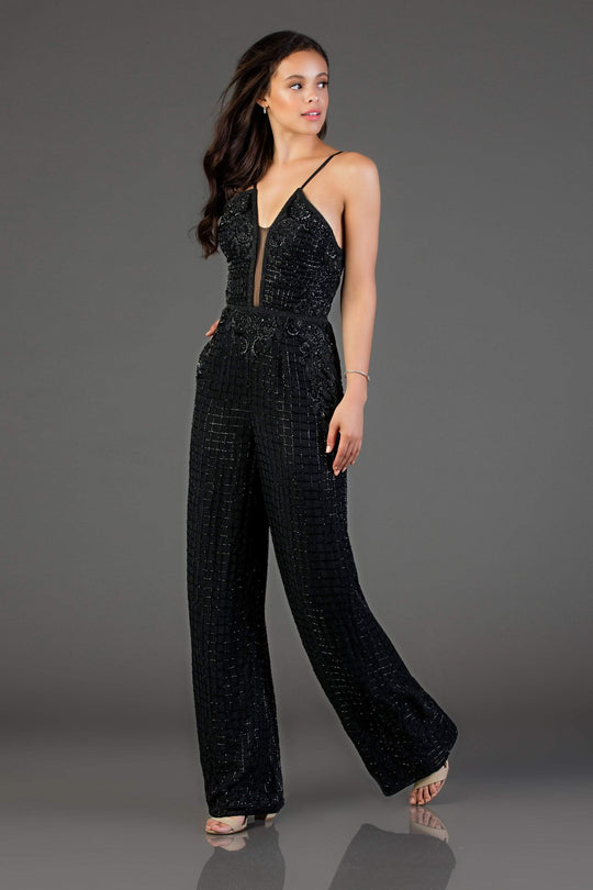 SCALA - 48995 Sequined Plunging V-Neck Jumpsuit In Black