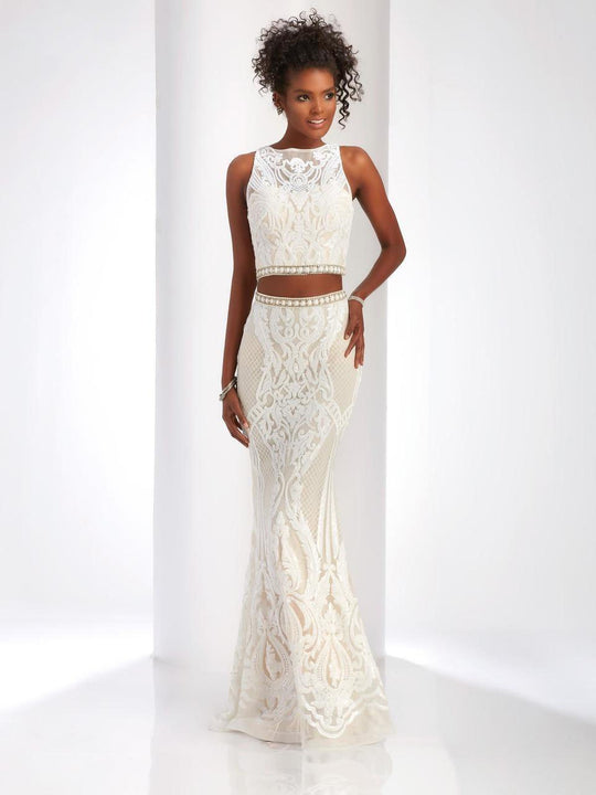 Clarisse - 4907 Two Piece Embellished Illusion Halter Dress in White and Neutral