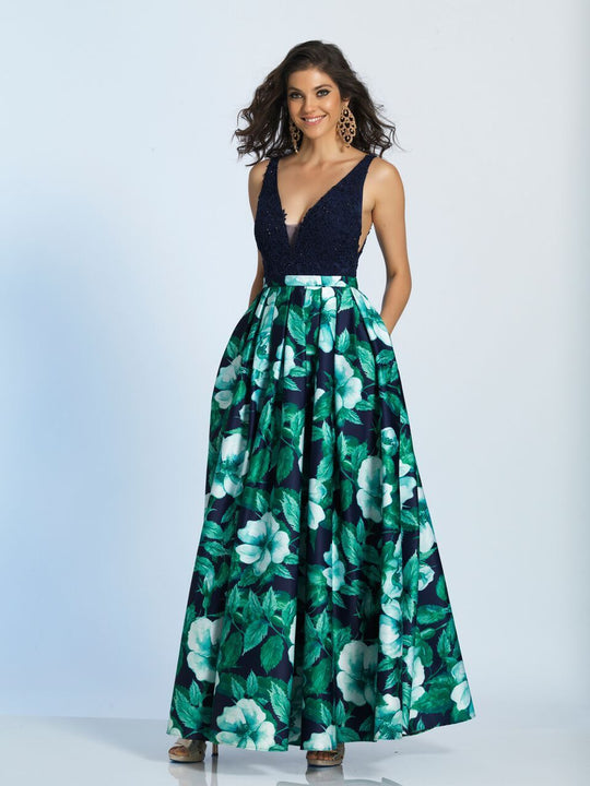 Dave & Johnny - A4912 Plunging Pleated Floral Gown