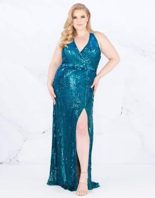 Mac Duggal Fabulouss - 4919F Fully Sequined Halter V-neck Sheath Dress In Blue