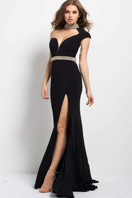 49267 Ornate High Asymmetrical Neck Gown