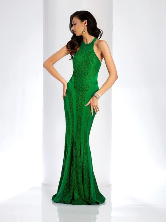 Clarisse - 4931 Embroidered Halter Sheath Dress in Green