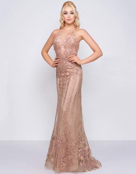 Mac Duggal Couture - 50512D Applique Illusion Halter Trumpet Dress In Pink and Nude