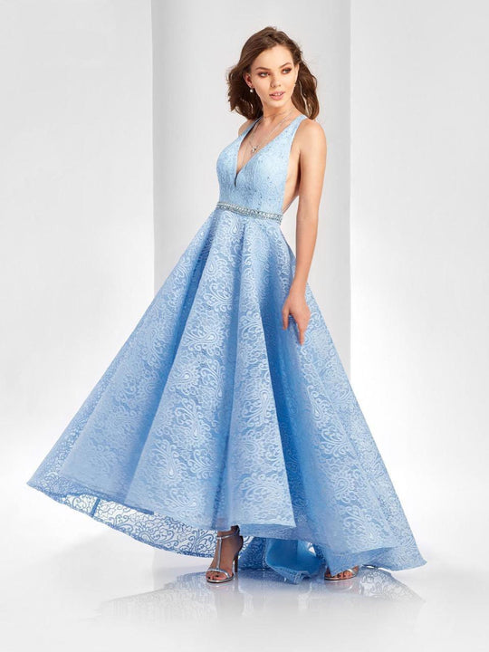 Clarisse - 4936 Lace Deep V-neck High Low Dress in Blue