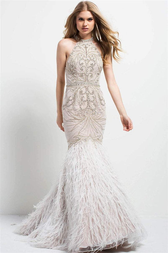 Jovani - Crystal Beaded Feathered Dress 49416 in Ivory