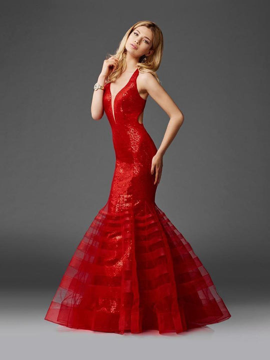 Clarisse Couture - 4951 Sparkling Sequined Plunge Evening Dress in Red