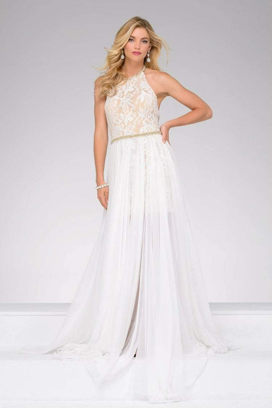 Lace Bodice with Beaded Halter Chiffon  Dress  49553