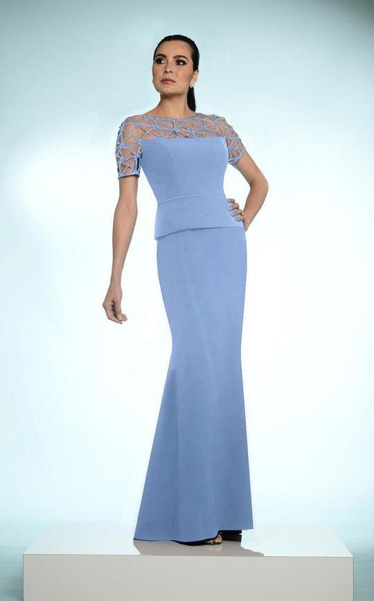 Daymor Couture - Lattice Bateau Neck Long Dress 802 in Blue