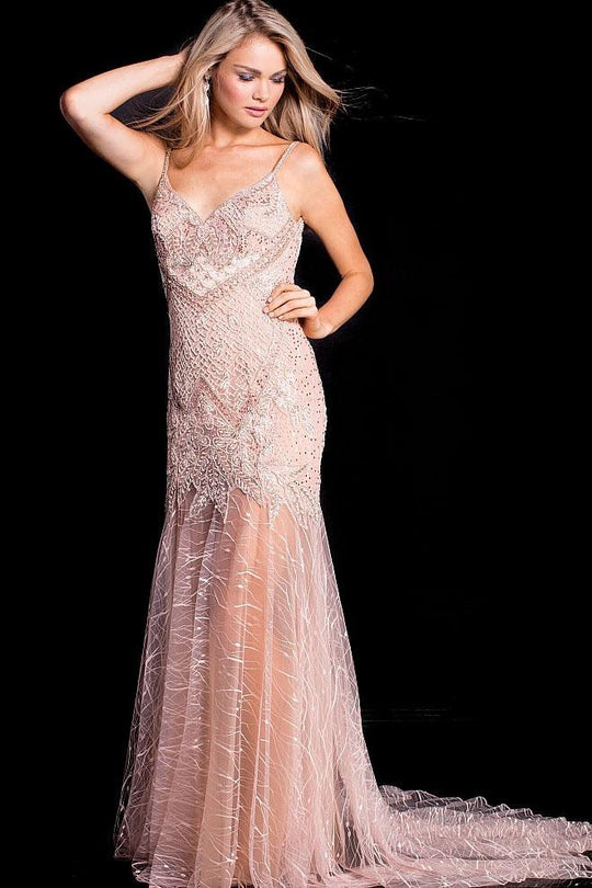 49569 Beaded V-neck Fitted Sheath Dress