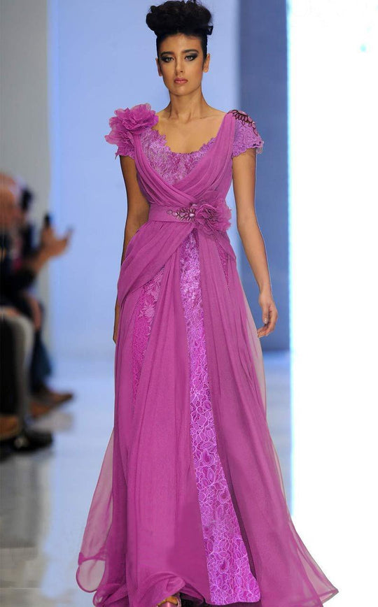 MNM Couture - 2153 Scoop Neck Lace Draped Evening Gown in Pink