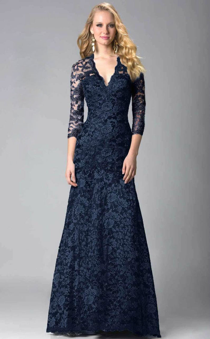 Feriani Couture - 18399 Classy Lace V-Neck Evening Gown In Blue