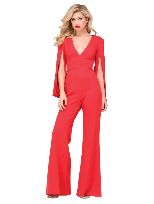 Jovani - V Neck Hanging Sleeve Knit Jumpsuit in Navy 49723 in Red