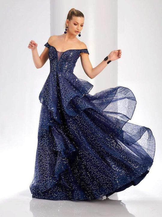 Clarisse Couture - 4976 Off the Shoulder Sequined Evening Gown in Blue