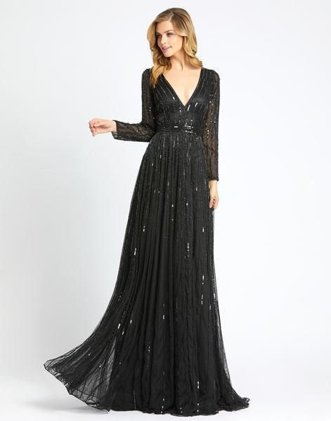 Mac Duggal Evening - 4977D Long Sleeve Sequin-Textured A-Line Gown In Black