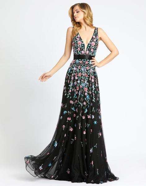 Mac Duggal Evening - 4983D Embellished Deep V-neck A-line Gown In Black and Multi-Color