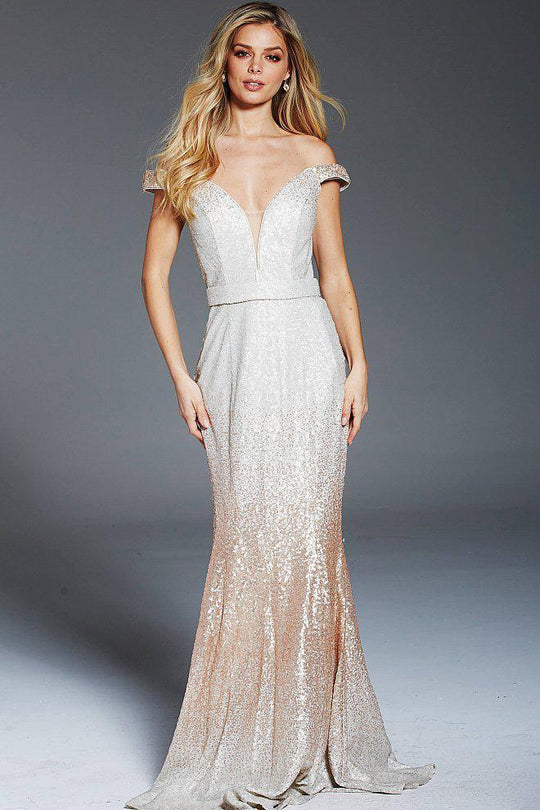 49881 Sequined Plunging Off-Shoulder Sheath Dress