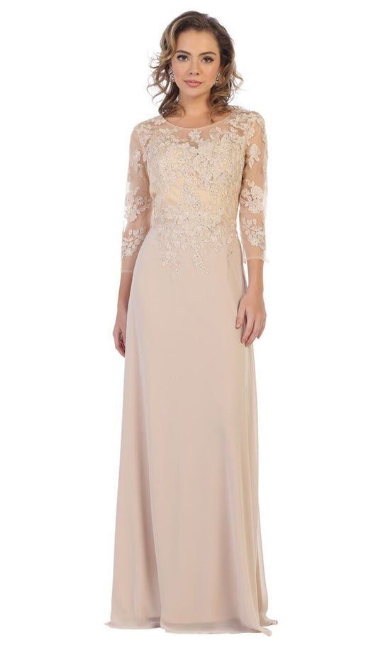 May Queen - MQ1637 Illusion Quarter Sleeve Appliqued Sheath Gown In Neutral