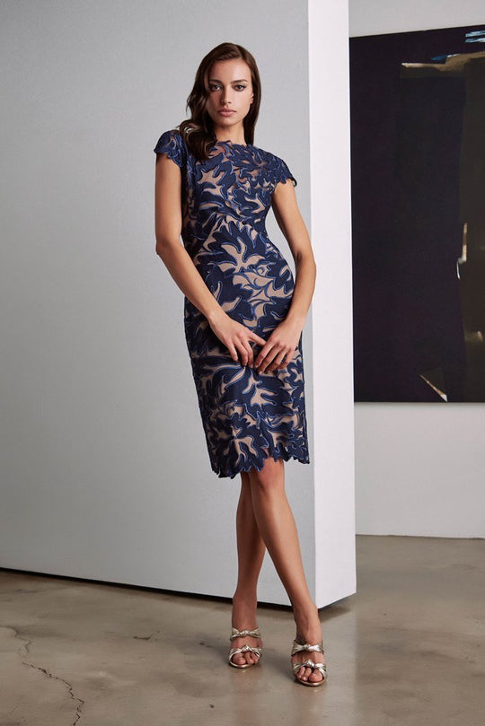 Tadashi Shoji - Embroidered High Neck Sheath Dress In Blue and Neutral