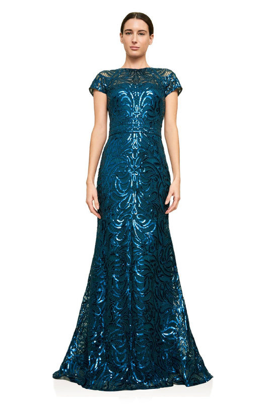 Tadashi Shoji - Sequined Bateau Trumpet Gown In Blue