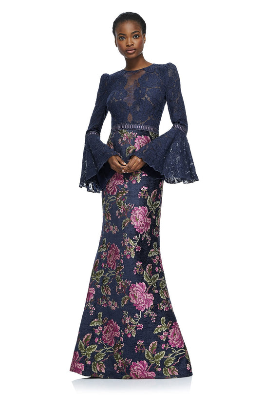 Tadashi Shoji - Long Sleeves Floral Mermaid Dress In Blue