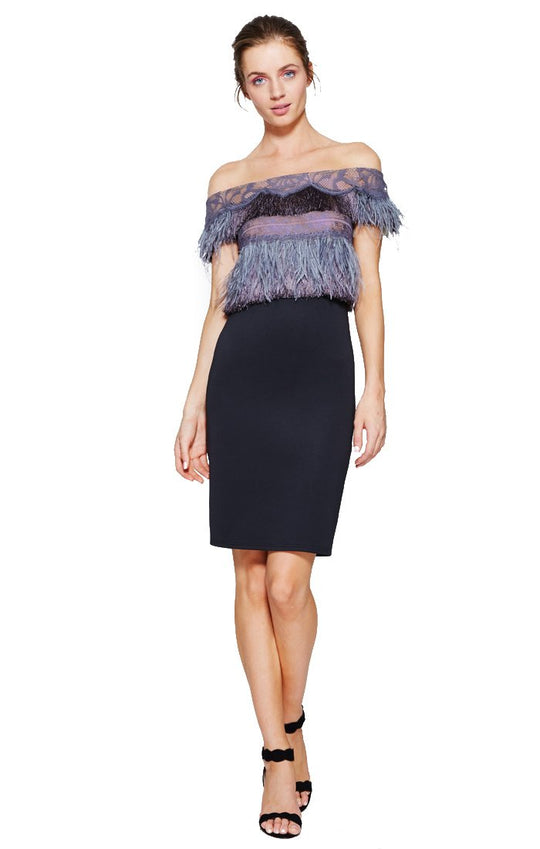 Tadashi Shoji - Feathered Lace Cocktail Dress In Purple and Black