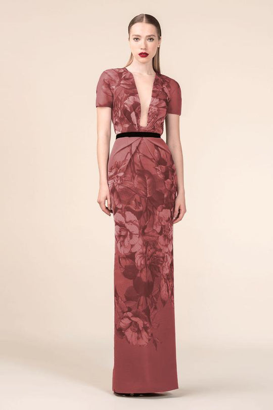 Saiid Kobeisy - 3563 Printed Short Sleeve Column Dress In Purple