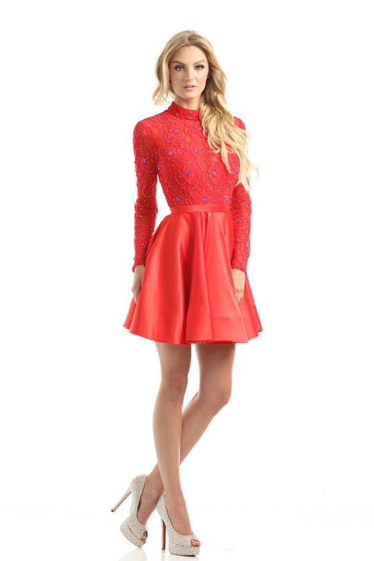 Johnathan Kayne - 5000 Long Sleeve Embellished A-Line Dress in Red