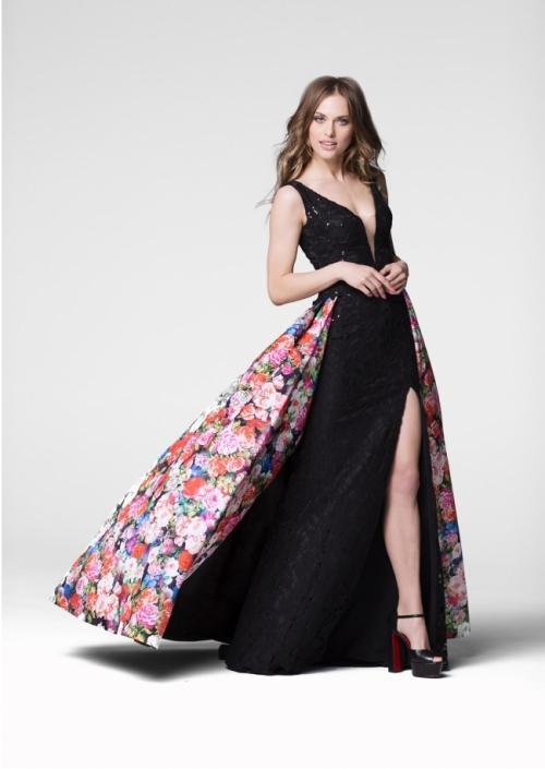 Tarik Ediz - Lace Floral Long Dress 50024 in Black and Multi-Color