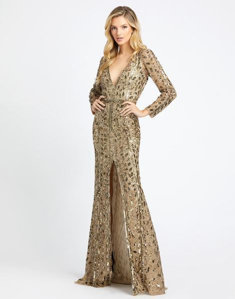 Mac Duggal Evening - 5002D Fully Sequined Deep V-neck Trumpet Dress In Gold