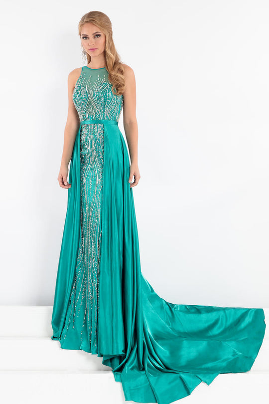 Rachel Allan Prima Donna - 5003 Beaded Gown with Satin Overskirt in Green