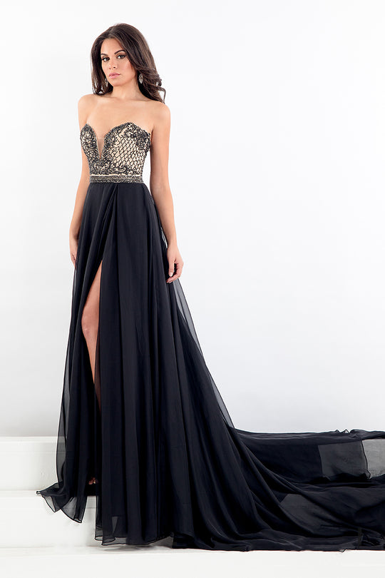 Rachel Allan Prima Donna - 5006 Strapless Sweetheart Slit Evening Gown in Black