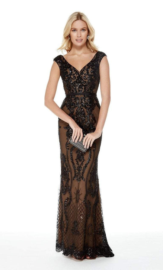 Sequined V-neck Sheath Dress With Mini Train in Black and Neutral