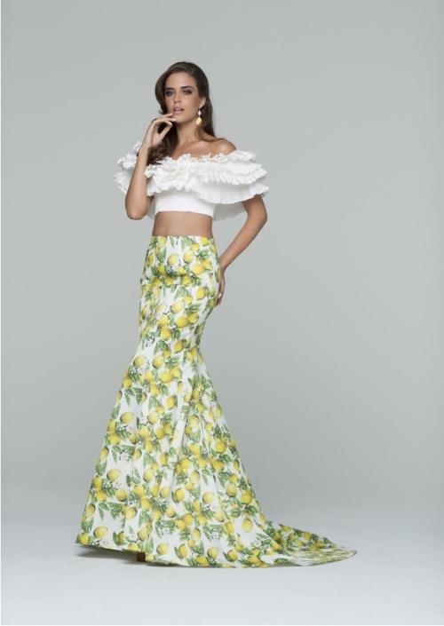 Tarik Ediz - Two Piece Ruffled Long Dress 50079 in White and Multi-Color