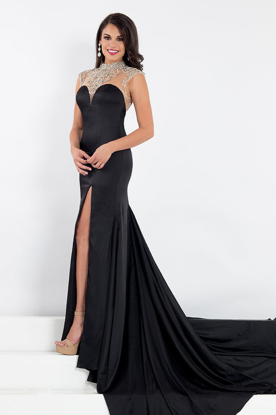 Rachel Allan Prima Donna - 5008 Beaded Cap Sleeve Slit Mermaid Gown in Black