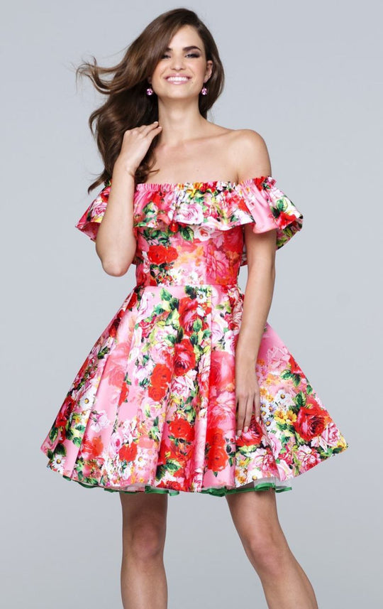 Tarik Ediz - Off Shoulder Cocktail Dress 50092 in Multi-Color