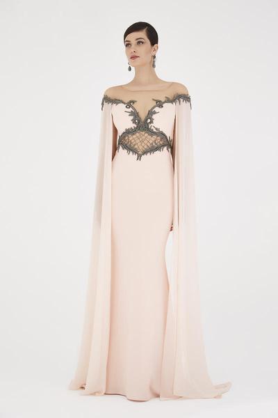 Saboroma - 5009 Cap Sleeve Beaded Illusion Cutout Sheath Gown In Pink