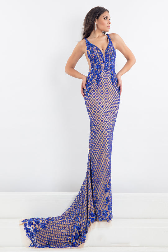 Rachel Allan Prima Donna - 5010 Plunging V-Back Beaded Evening Gown in Blue
