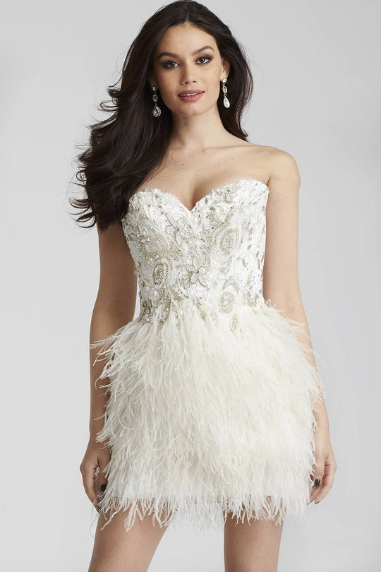 Jovani - Embellished Sweetheart Feathered Dress 50122 in White