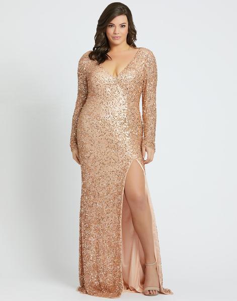 Mac Duggal Fabulouss - 5012F Sequined V-Neck Slit Column Gown In Gold
