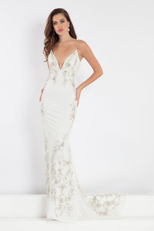 Rachel Allan Prima Donna - 5014 Plunging Lattice Beaded Evening Gown in White