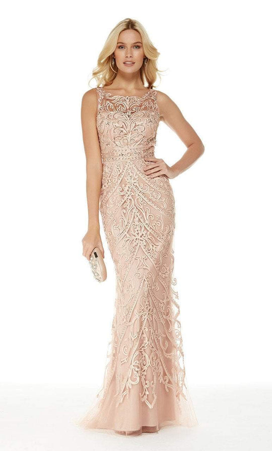 Beaded Tulle Illusion Bateau Fitted Dress in Pink