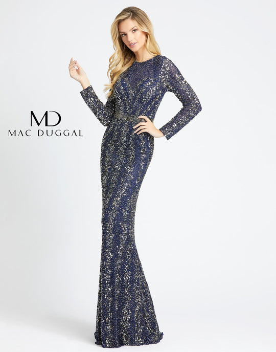 Mac Duggal Evening - 5016D Sequined Long Sleeve Sheath Dress In Blue