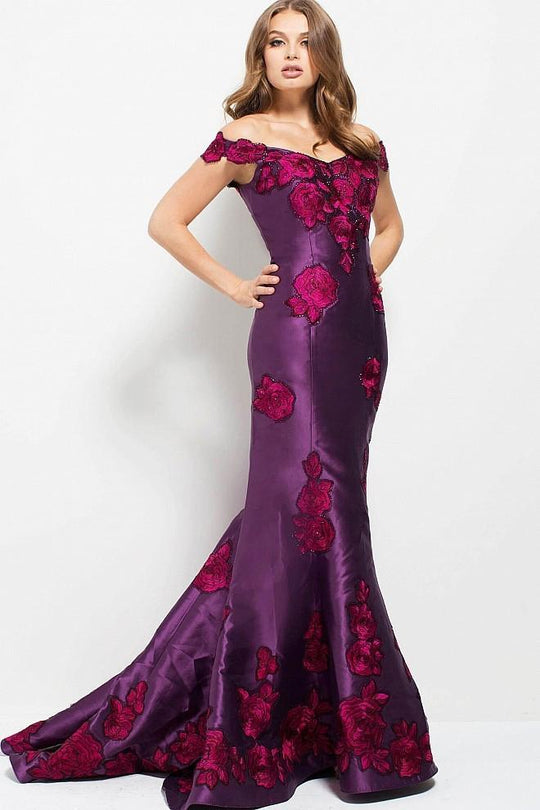 50186 Off Shoulder Floral Embroidered Mermaid Gown