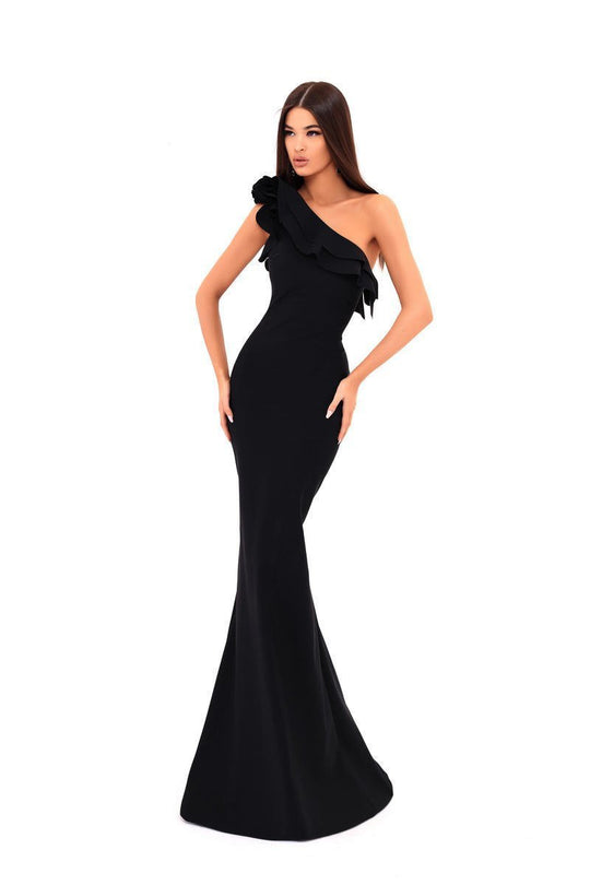 Tarik Ediz - 50204 Ruffled One-Shoulder Sheath Silhouette Gown In Black