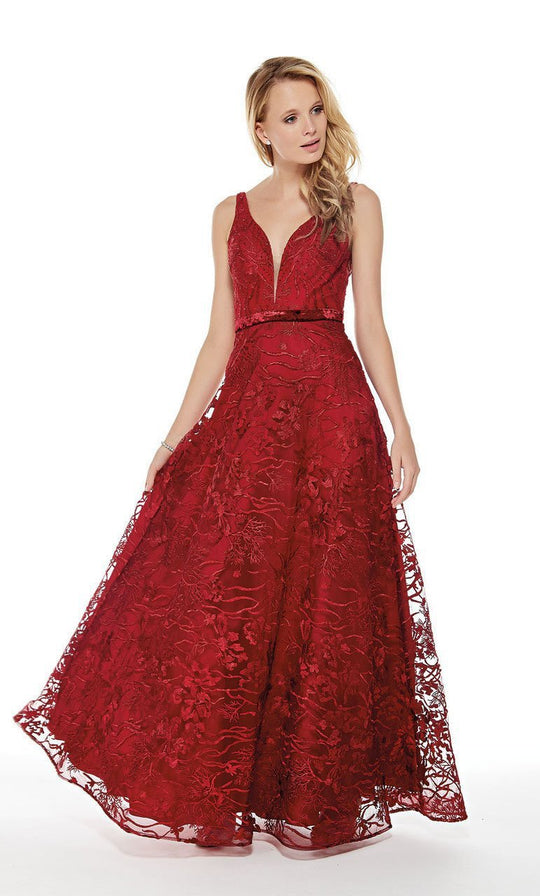 Plunging V-Neck Ornate Lace A-Line Gown in Red