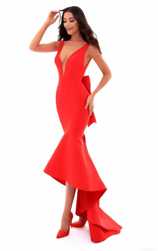 Tarik Ediz - 50238 Illusion Plunging Neckline  High Low Evening Gown In Red