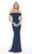 Ruched Off-Shoulder Satin Trumpet Dress in Blue