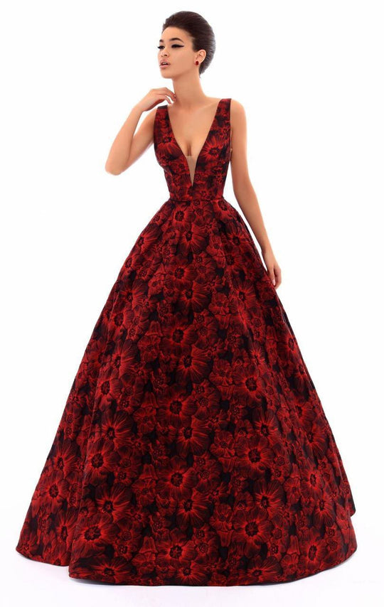 Tarik Ediz - 50250 Plunging V Neck Floral Ballgown In Red